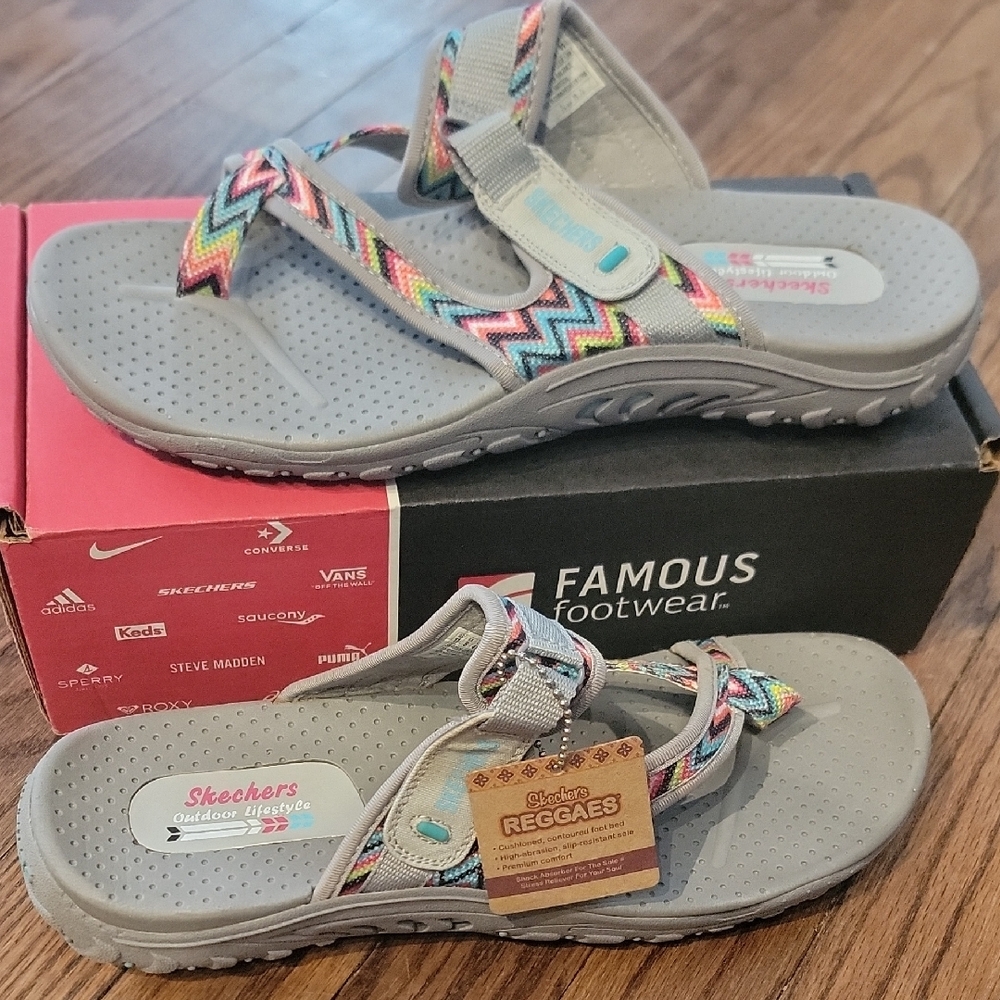 Skechers Reggaes Women's Gray Sandals with Multicolor Straps